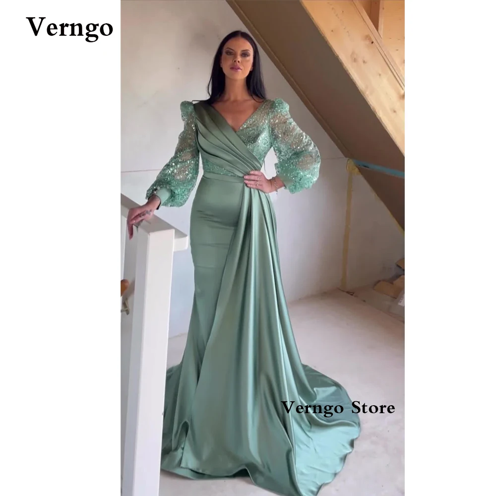 

Женское атласное платье-Русалка Verngo, зеленое вечернее платье с длинными рукавами-фонариками и V-образным вырезом, со складками и полушлейфом, для выпускного вечера