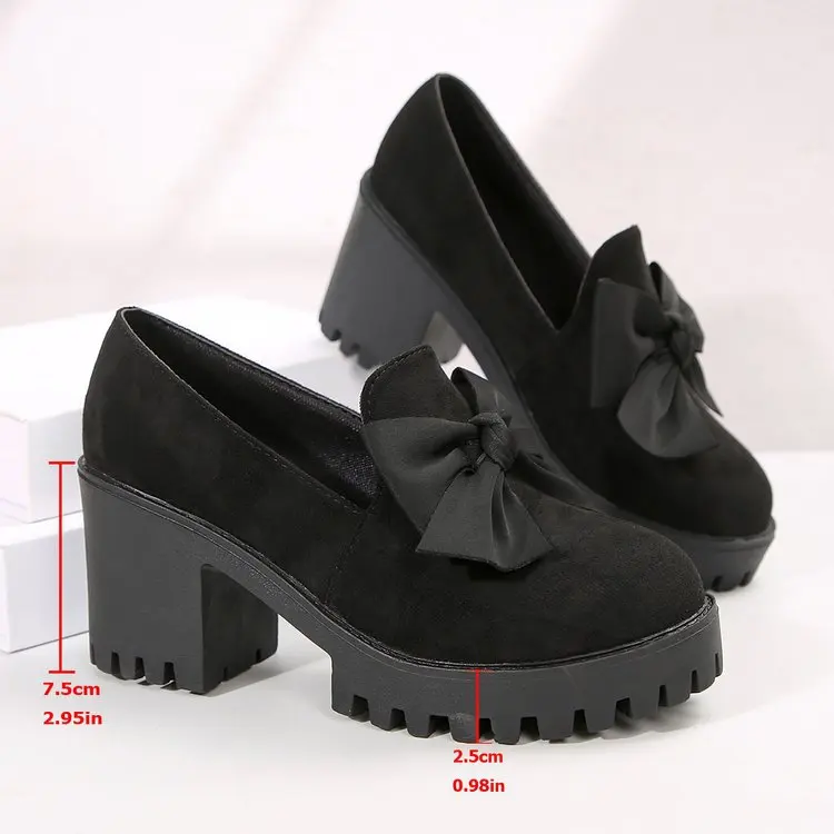 Black Suede Women's Loafers With Bow And Thick High Heel_voghion.com