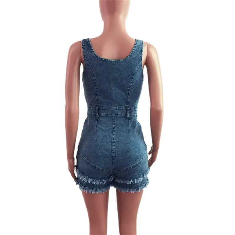 Women Slim Sleeveless Denim Jumpsuit Shorts New Single-breasted Half-open Female Backless Tassel Trouser Legs Suspenders Rompers