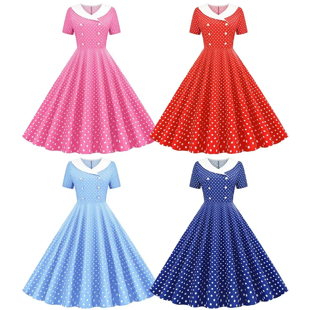 

Blue Polka Dot Printed Vintage Dresses Women 2023 Summer Robe Retro 50s 60s Swing Rockabilly Party Office Dress Ladies Vestidos