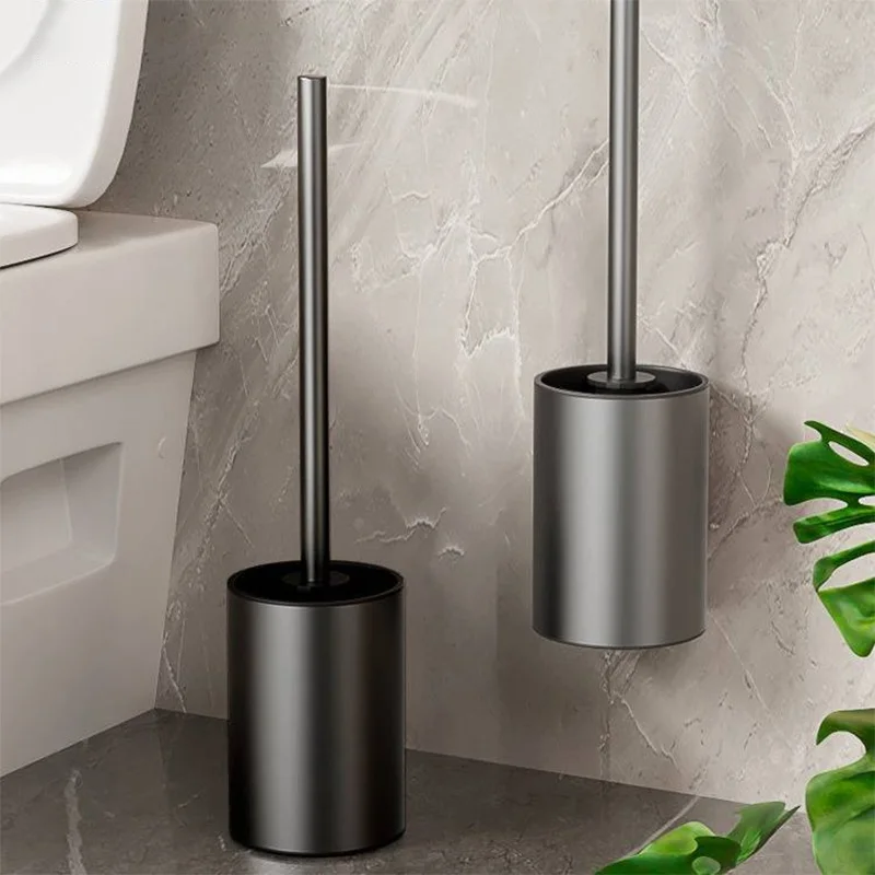 Wall-Mounted Space Aluminum Toilet Brush Holder Set – Long Handle WC Cleaning Brush 1