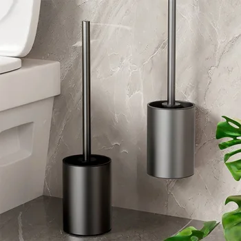 Wall-Mounted Space Aluminum Toilet Brush Holder Set – Long Handle WC Cleaning Brush 1