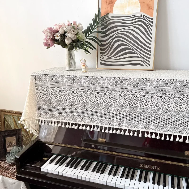 2PCS White Lace Piano Cover Three Piece Set Dust Proof Multiple Piano Covers Beautiful Home Decoration Bench Cover
