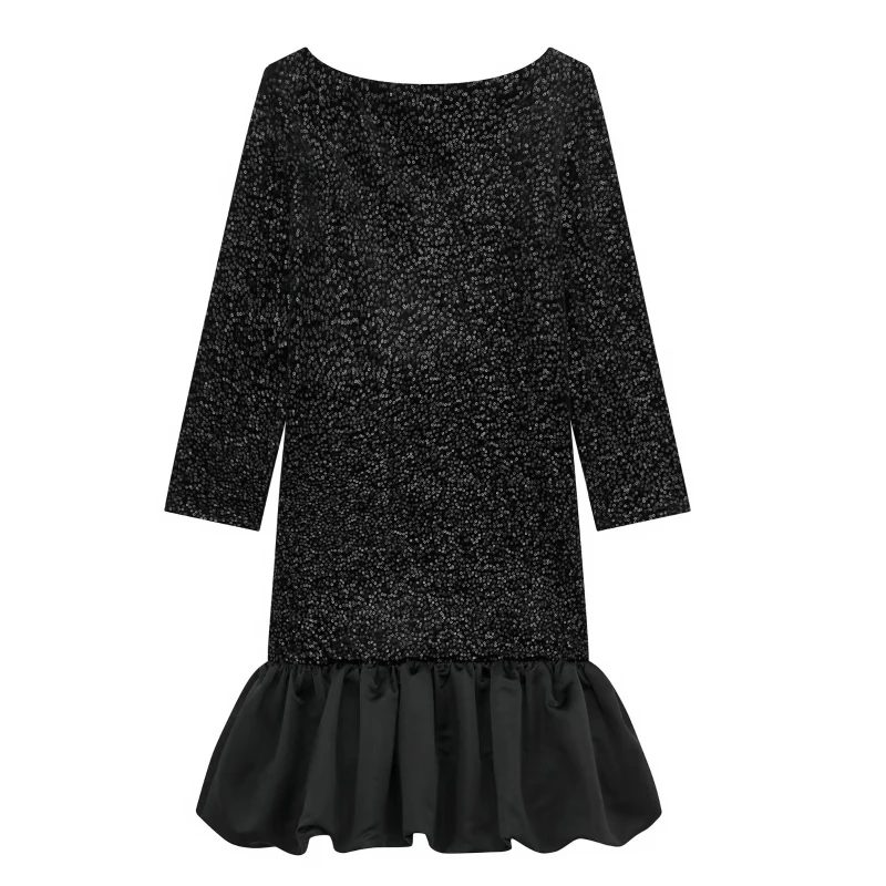 

2024 New Women's Holiday Party Cocktail Party Sparkling Sequines Dress Fashion Elegant Hollow Out Back Ruffes Hem Black Dress