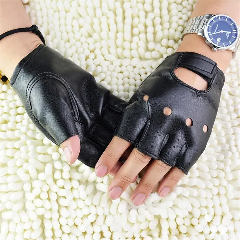 1pair Unisex Black Synthetic Leather Fingerless Gloves Punk Style Half Finger Men Women Cycling Motor Riding