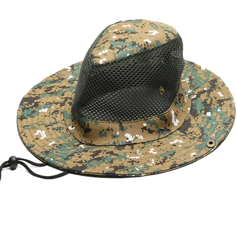 Outdoor Camouflage Sun Hat Hunting Fishing Cap Outdoor Wide Brim Sun Cap Mesh Breathable Bucket Leaves Hat Man