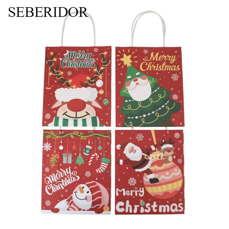 

50PCS New Year 2024 Cartoon Santa Claus Christmas Tree Snowman Elk Red Square Bottom Kraft Paper Bag For Xmas Party