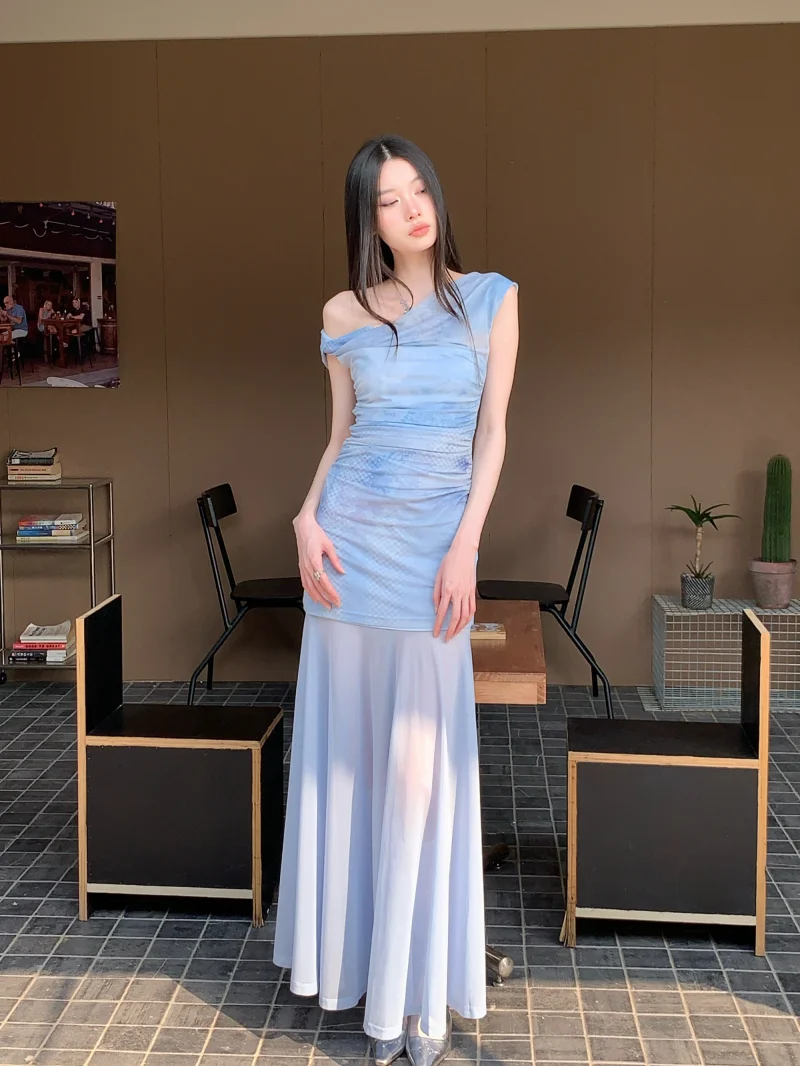Printed Mesh Diagonal Shoulder Dress For Women In Summer, Original  Atmosphere, Slightly Transparent A-Line Sheer Dress - AliExpress 200000345
