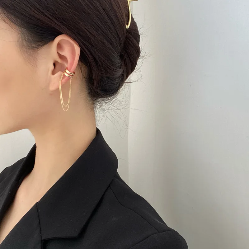 Ear Clip Earrings Simple Fashion Punk Chain Ear Cuff for Women Gold Color Non-Piercing