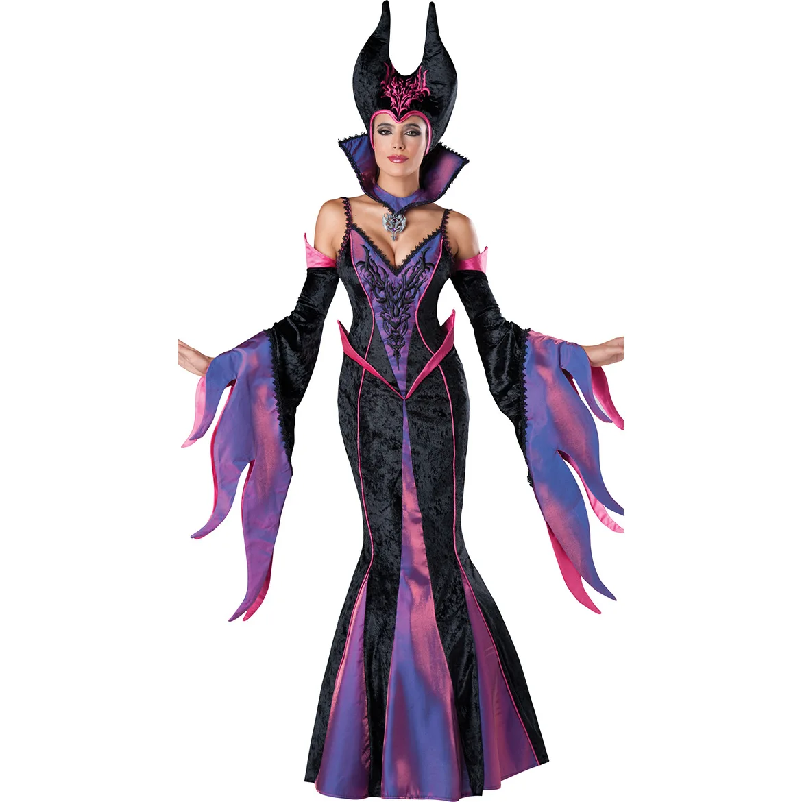 Strega Maleficent Sleeping Beauty Costumi Cosplay Donne Adulte Costumi Hallowen Evil Black Dress Corno Cappello Outfit Cappello Casco Cappuccio