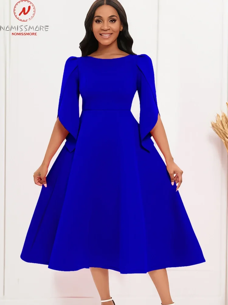 

Fashion Women Solid Color A-Line Dress Patchwork Design Zipper Decor O-Neck Petal Sleeve High Waist Slim Dress for Party