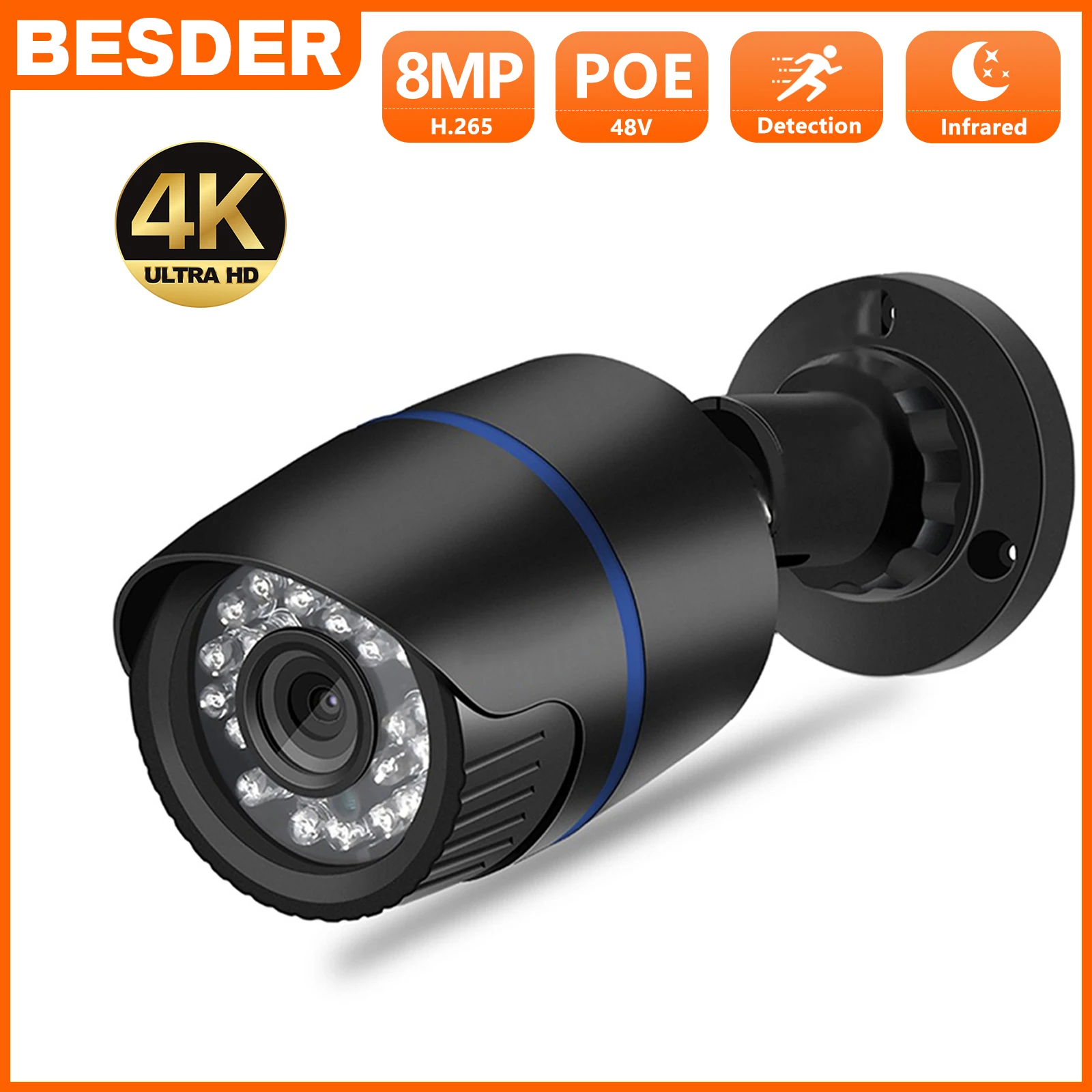 BESDER 8MP 4K Outdoor IP Camera 48V Poe 4MP Waterproof Plastic Shell Motion Detect P2P Bullet XMEye Wired CCTV Security Camera