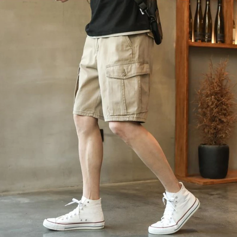 

Шорты-карго мужские с широкими карманами, свободные штаны, хлопковые дизайнерские короткие брюки, на пуговицах, роскошные свободные, Y2k