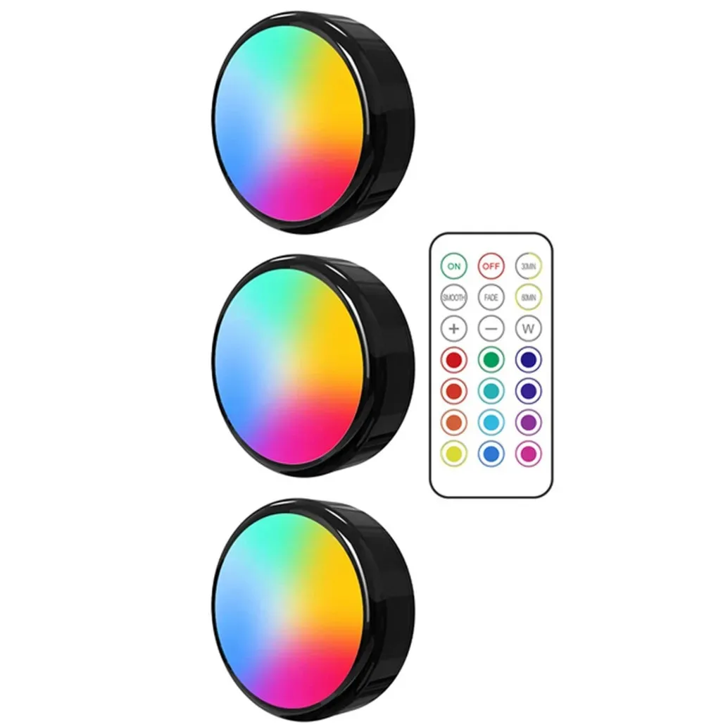 Wireless RGB LED Dimmable Puck Lights with Remote Control - Battery Operated for Under Cabinet, Kitchen, and Closet Use