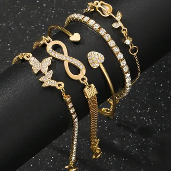 5pcs Exquisite Gold Color Butterfly Bracelet Set For Women Vintage Rhinestone Heart Infinity Cuff Bangle Daily Wear Jewelry Gift 1