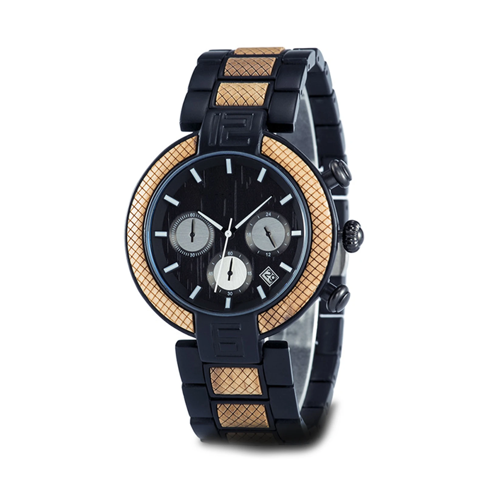 Men's Quartz Display Calendar Luminous Watch Wood and Stainless Steel Combination Multifunction ChronoMultifunction Chronograph