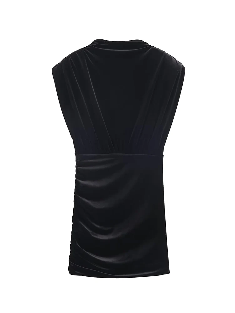 Fashion Velvet Mini Dress For Women Chic Slim Fit Sleeveless Evening Party Folds Dress With Shoulder Padded Winter New Elegant