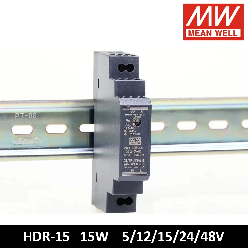 Mean Well HDR-15 초슬림 DIN 레일 전원 공급 장치, HDR-15-5 HDR-15-12 HDR-15-24, 15W, 85-264VAC, DC 5V, 12V, 24V, 48V