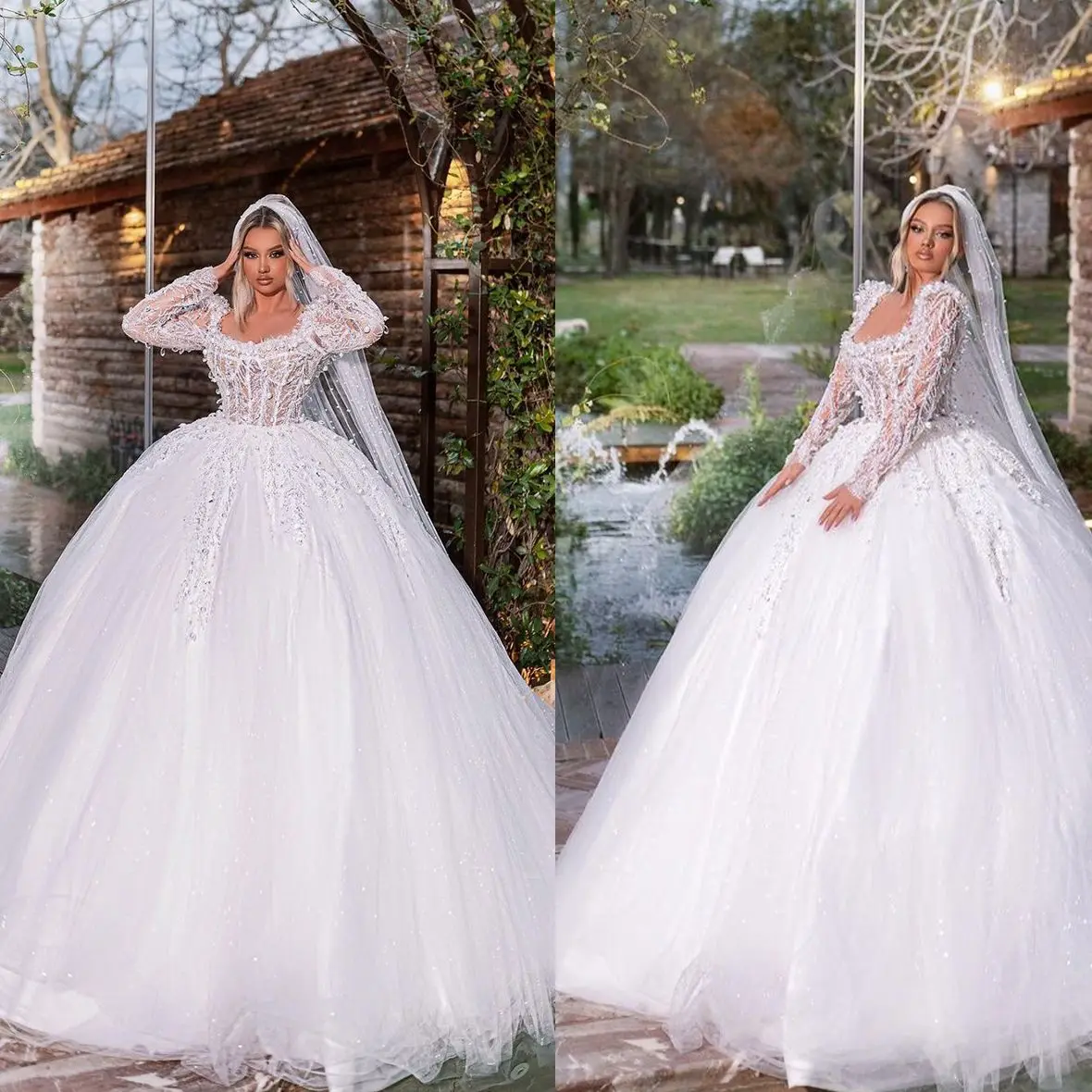 

Beautiful Square Neck Appliques Pearls Wedding Dresses Sweep Train Tulle Vestido De Casamento Long Sleeves Puffy Bridal Gowns