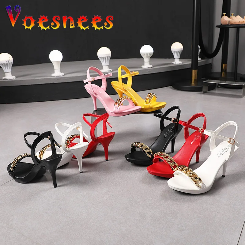 Voesnees Ladies Stiletto Pure Color Gold Chain Sandals 2022 New Summer Buckle Strap Fashion Dress High