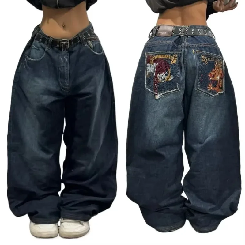 Y2K Fashion New Oversized Pattern Embroidery Jeans Men Gothic Harajuku Retro Hip Hop Popular Casual High Waist Wide-leg Trousers 5