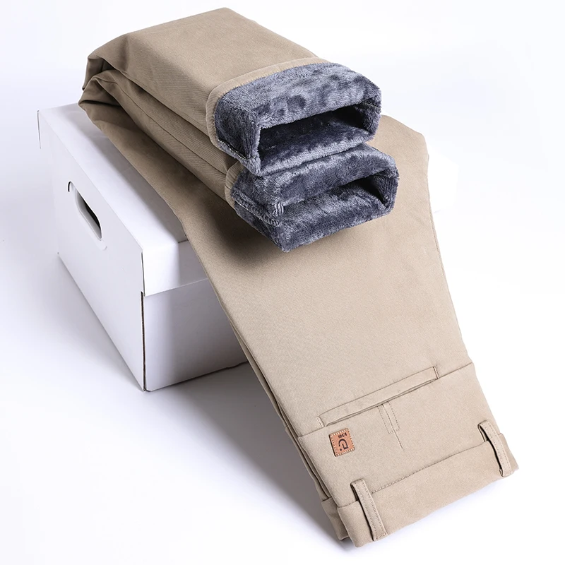 

Winter Men's Straight High Elastic Casual Pants 97% Cotton Comfortable Classic High Quality Plush Thick Business Trousers Male