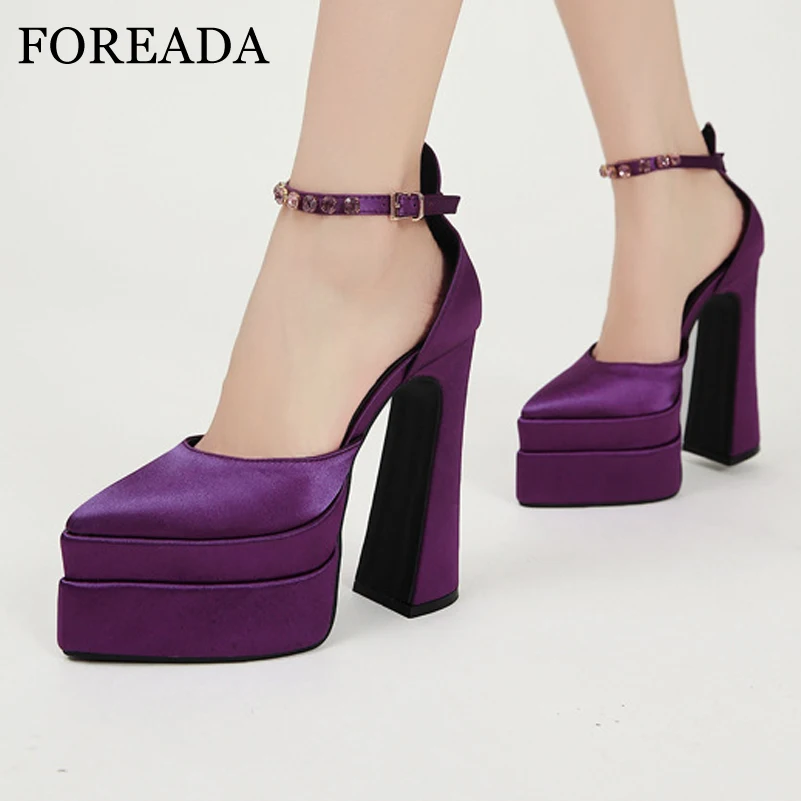 

FOREADA Women Ankle Strap Two-Piece Pumps Pointed Toe Block High Heel Crystal Buckle Platform Ladies Shoes Spring Autumn Pink 42