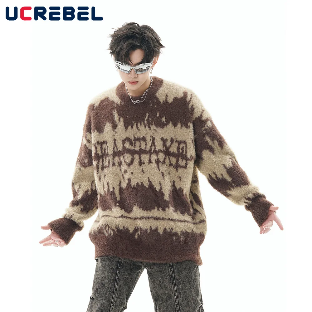 

Letter Jacquard Knitted Sweater Mens Contrast High Street Loose Crew Neck Drop Shoulder Long Sleeve Pullover Men