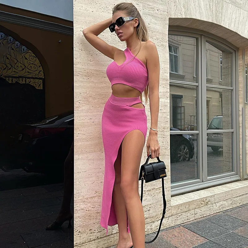 Chic Women Skirts Suits Solid Color Two-piece Sets One-shoulder Bra Crop Tops and High Waist Cut Out Slit Skirt Clubwear