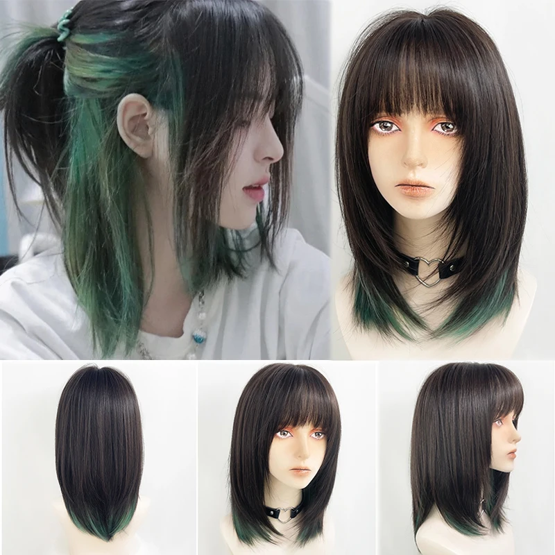 60cm 1 3 bjd doll china ancient concubine mechanical body joint with makeup including hair eyes clothes high quality custom gift New Concubine Synthetic Cosplay Wig Mullet Head Female Wolf Tail Wig With Bangs Natural Green Highlights Fashion Hair