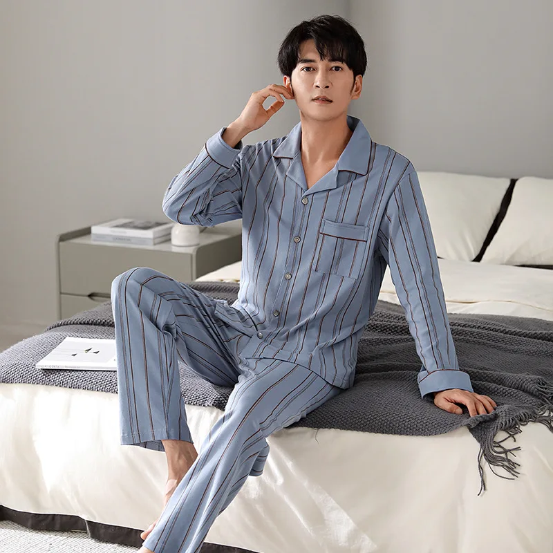 Spring Autumn Men's Pure Cotton Pajamas Lapel Long Sleeve Plaid Cardigan Pants Oversized Loose Fitting Casual Home Clothing Set