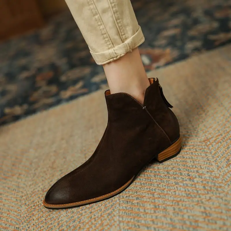

Cow Suede Genuine Leather Women Boots Comfortable Rear Zipper Winter Shoes Fashion High-End Thick Heel Woman Ankle Boots