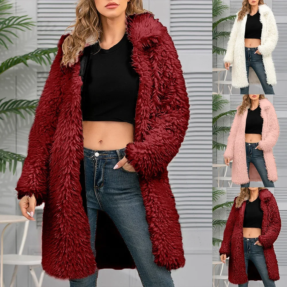 

Autumn and Winter New Product Polo Collar Long Plush Fur Coat Top Women's Coat