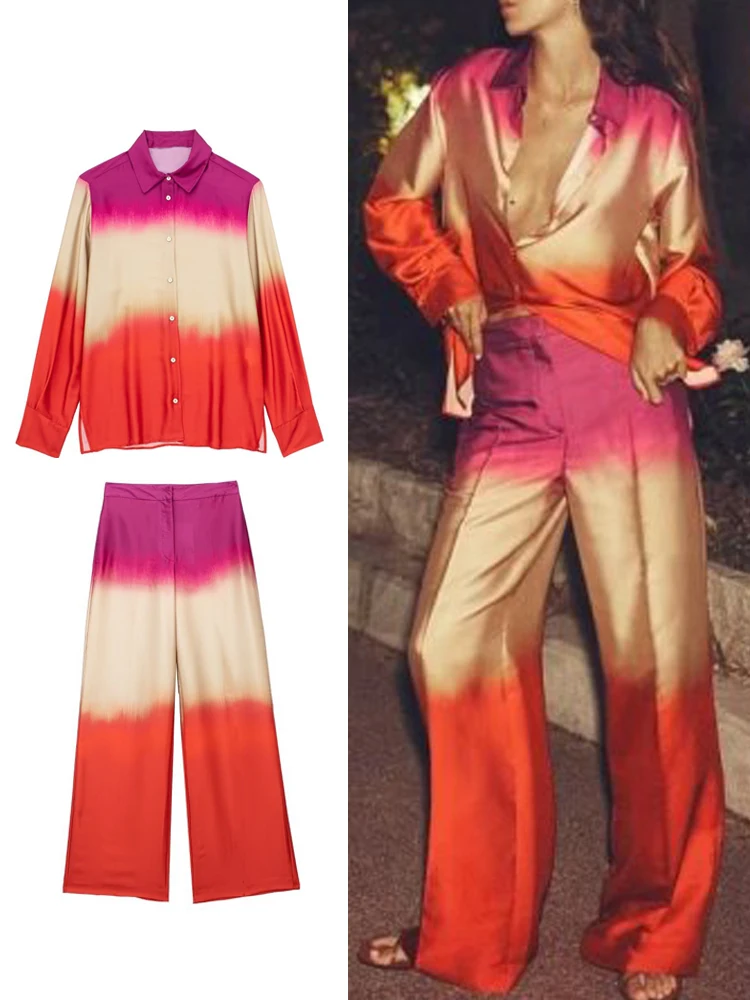 

Женская рубашка с длинным рукавом KJMYYX, комплект из 2 предметов с брюками для женщин, лето 2023, костюм с брюками, женские брюки с широкими штанинами