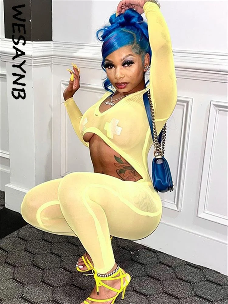 

Wholesale Sexy Clothes Sleeveless Jumpsuit Women 2022 Hollow Out Club Skinny Mesh One-pieces Outfits Bodycon Jumpsuits