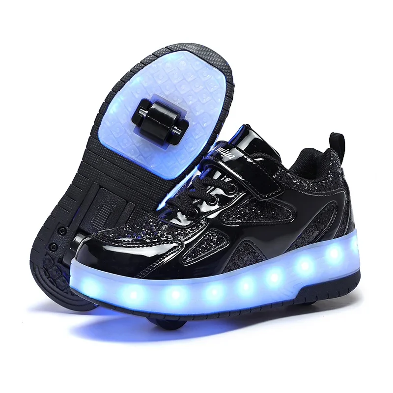 Kids Luminous Glowing Sneakers Heels Pink Led Light Roller Skate Shoes Two Wheels USB Charging