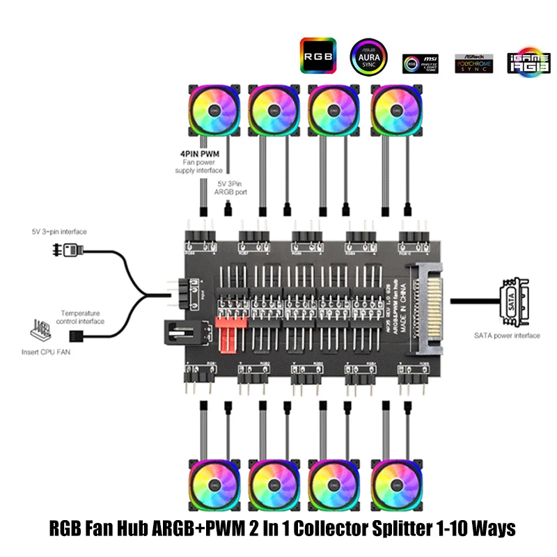 RGB 팬 허브 ARGB PWM 컬렉터 2 in 1 분배기, 2X 10방향 M/B 5V AURA SYNC, SATA 전원 커넥터