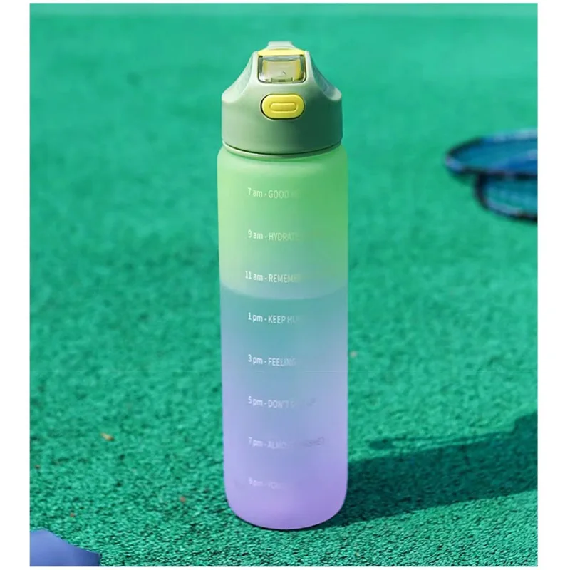 LUSQI 빨대 플라스틱 물컵 스포츠 물병, 그라데이션 색상, 누출 방지, 동기 및 시간 표시, BPA 프리, 1000ml