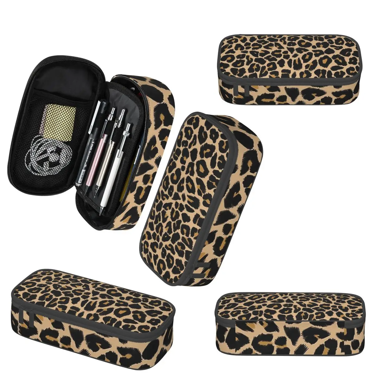 Estuche Para Lápices De Gran Capacidad Para Niñas Y Niños, Bolsa De Maquillaje De Piel Con Estampado De Leopardo Gris Con Compartimento Con Cremallera, Organizador Escolar Y Bolsa De Papelería