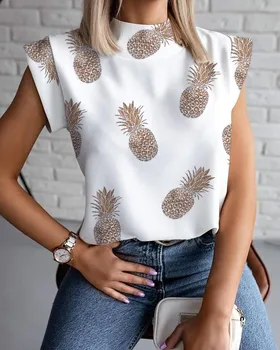 Women's Abstract Face Print Sleeveless Stand Collar Blouse with Button Front for Summer Fashion 1