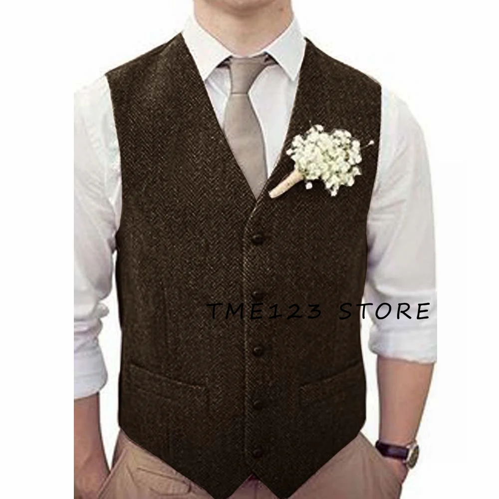 Men's Herringbone V-Neck Single Breasted Wedding Vest Formal Man Suit Jackets Male Vests Elegant Suits Waistcoat