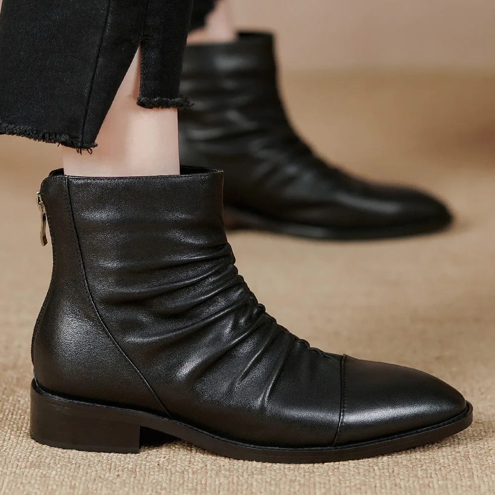 Ankle Boots Women Leather Pointed Toe Zipper Western Boots Casual Ladies Shoes Handmade main image 0