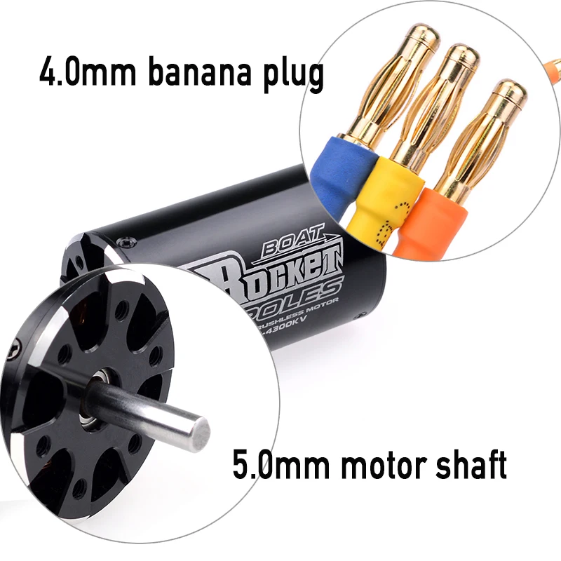 Vue arrière du moteur brushless 3670/3680 pour bateau RC avec câbles de puissance et connecteur.