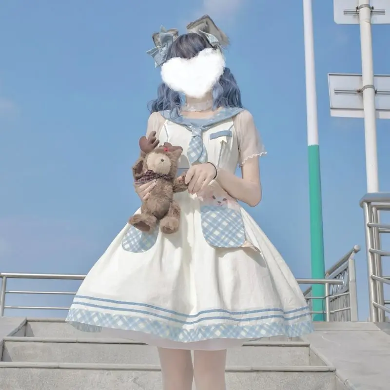 

Japanese Lolita Navy Wind Preppy JSK Cute Plaid Pocket Fake Collar Patchwork Strap Dress Kawaii Girls Princess Summer Dress