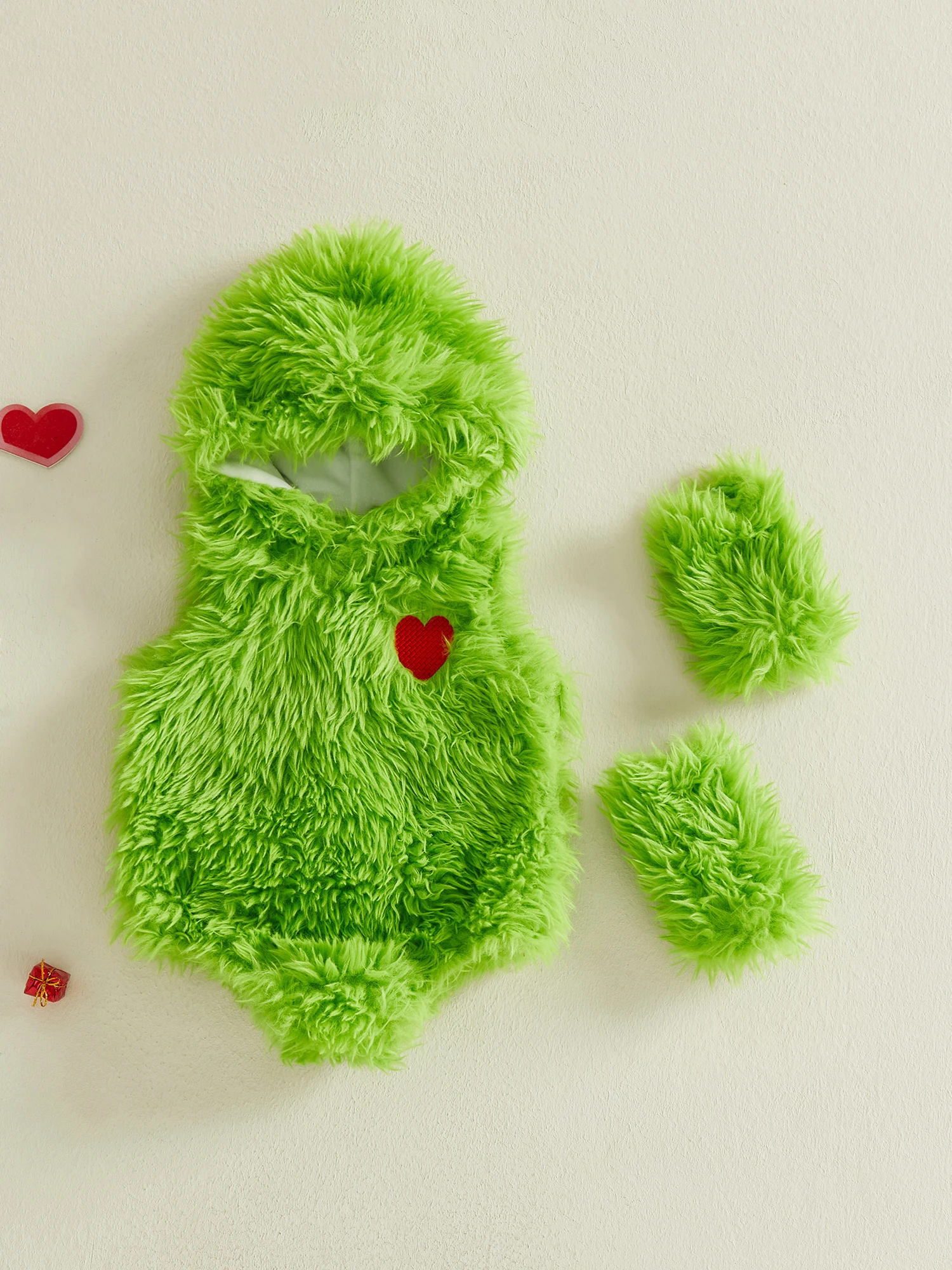 Toddler Girls Winter  Red Long Sleeve Fleece Hooded Romper with Matching Booties and Headband Set