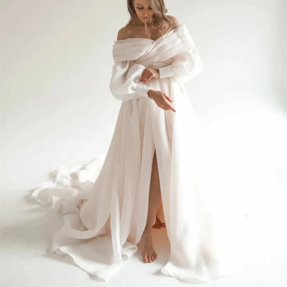 

Vintage Long Ivory Off the Shoulder Organza Wedding Dresses Full Sleeves with Slit A Line Sweep Train Robe De Mariée