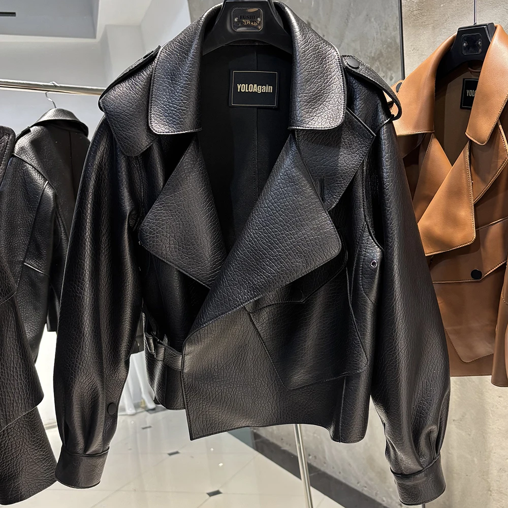 YOLOAgain 2025 Spring Dark Brown Oversized Leather Jacket Women Real Leather Jacket Female Overcoat