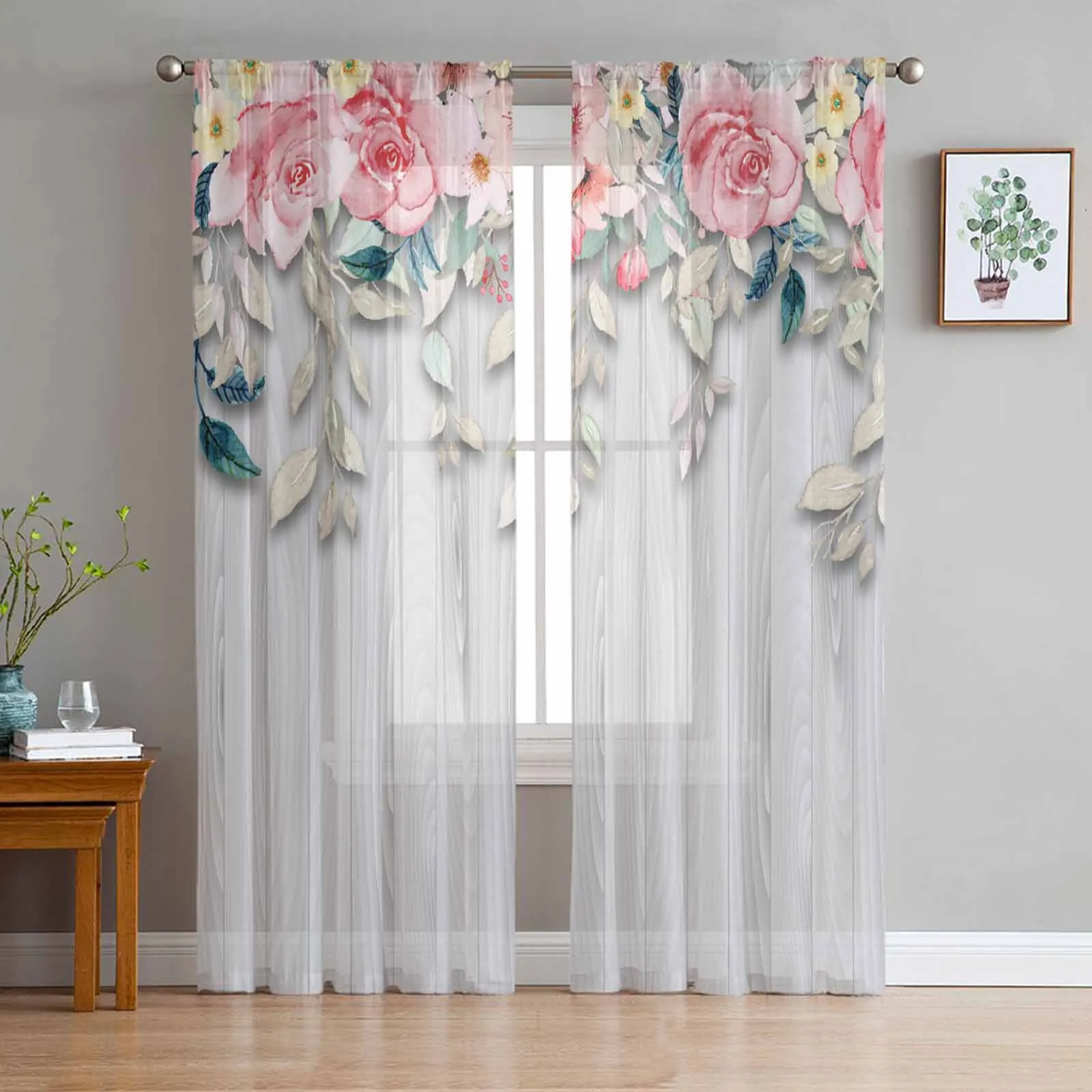 

Flower Fence Watercolor Hand-Painted Tulle Curtains For Living Room Bedroom Children Room Decor Sheer Curtains