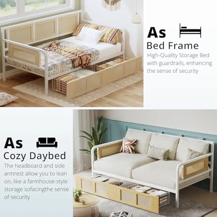 Twin Daybed, Day Bed with Storage Drawers, Corner Bed Frame with Strong Supports for Living Room, Bedroom  and Guest Room