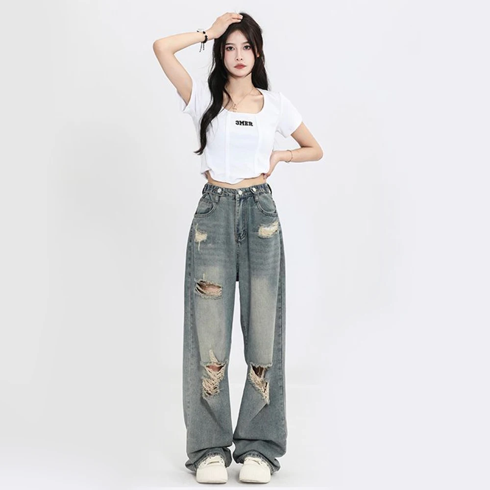 American Retro Hole-punched Jeans Women High Waist Straight-crotch Loose Slim Design High-street Vibe Wide-legged Dragging Pants 3